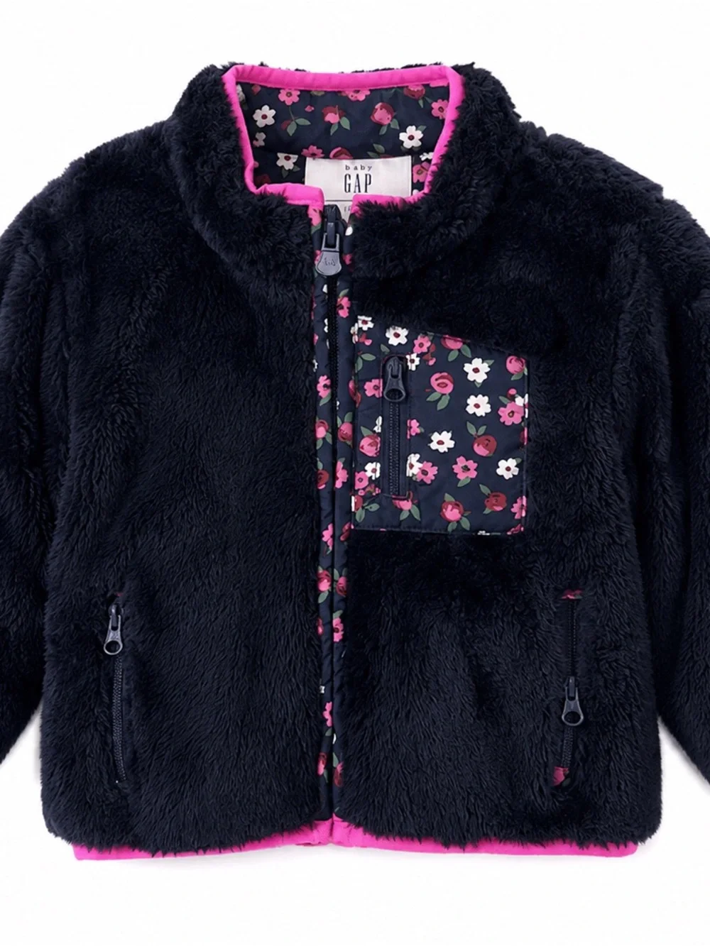 GAP Navy Fuzzy Jacket with Pink Floral Trim
